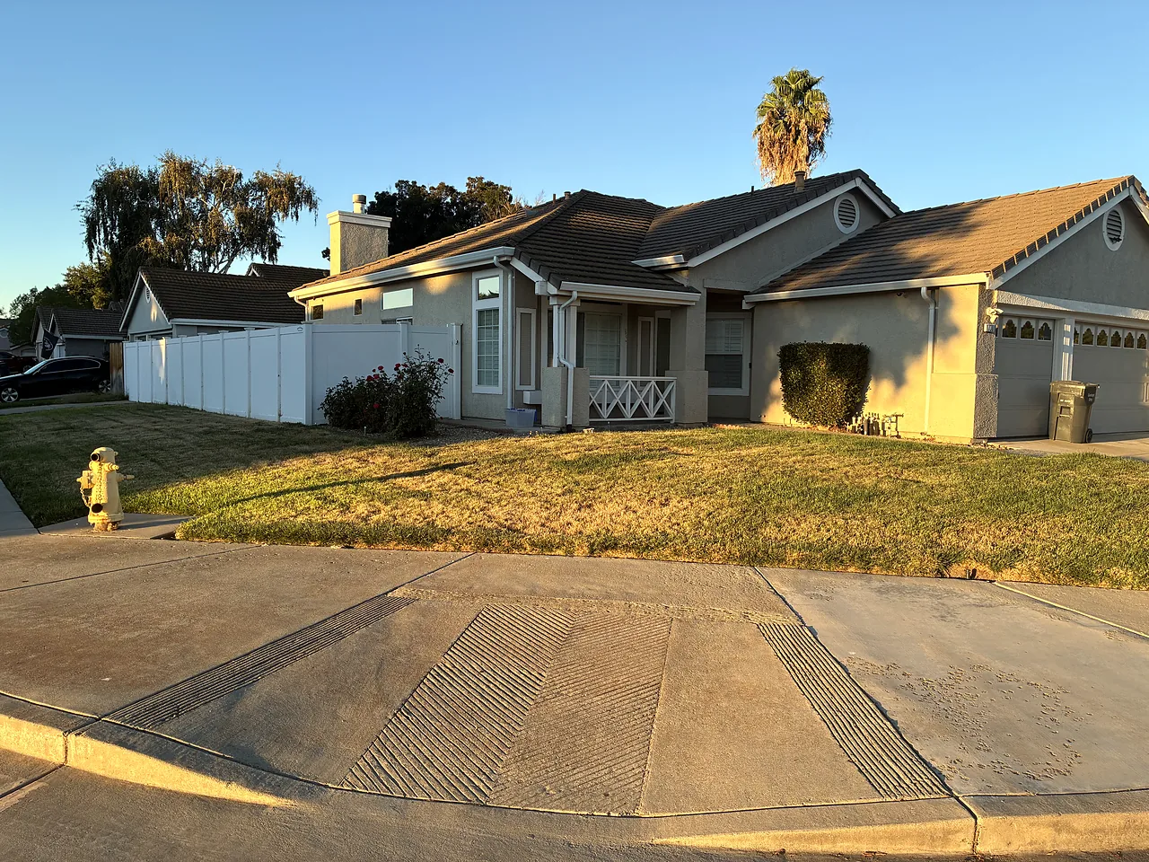 A dry, yellowing front lawn in late summer